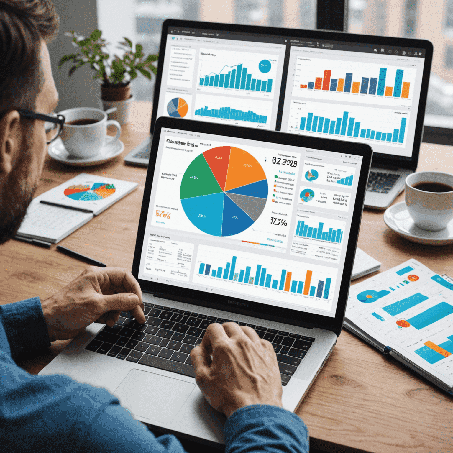 A person using TradingView platform to analyze financial charts and create a budget plan. The image shows multiple screens with colorful graphs, pie charts, and a notepad with budget calculations.