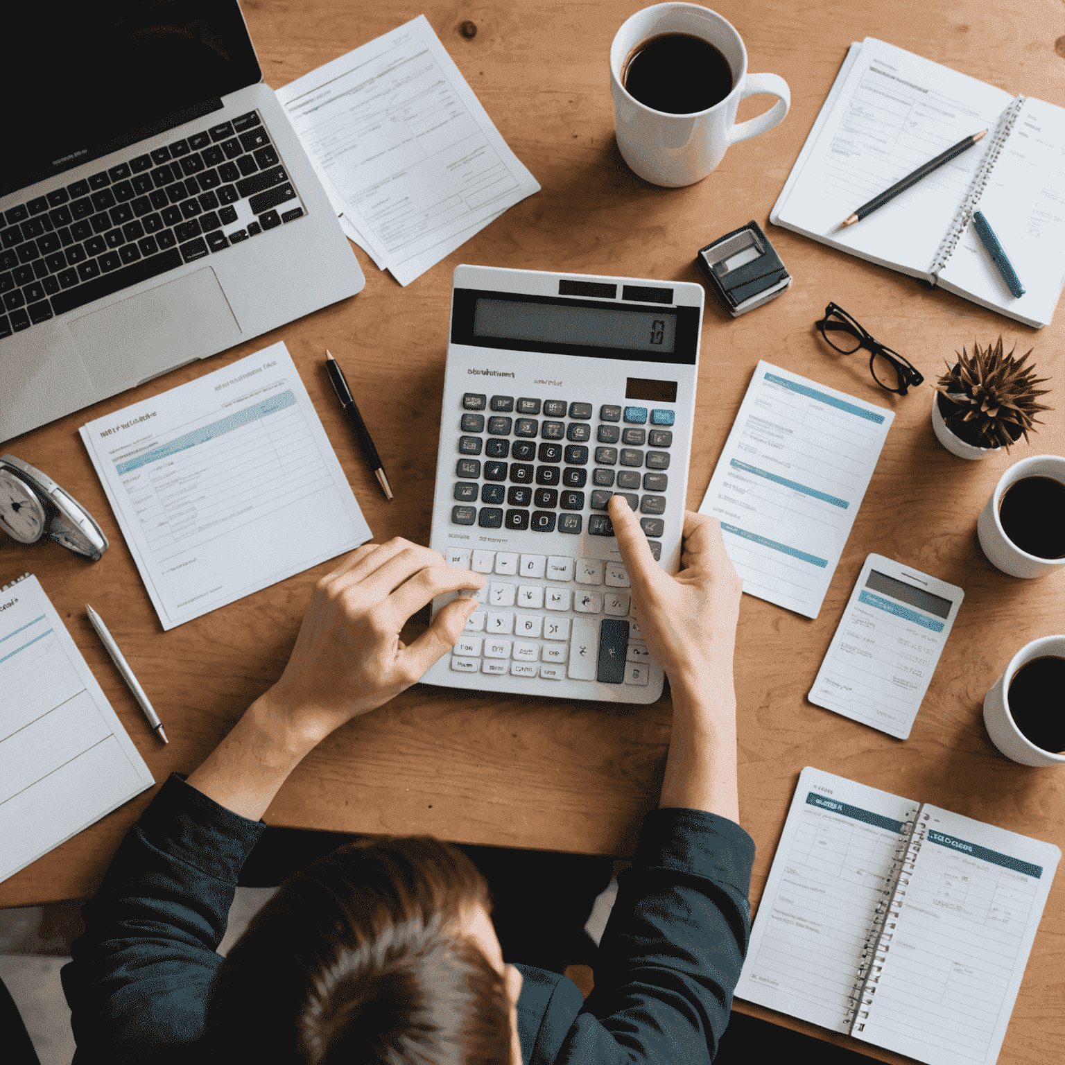 A person sitting at a desk with a calculator, notebook, and various bills spread out, representing the process of creating a budget