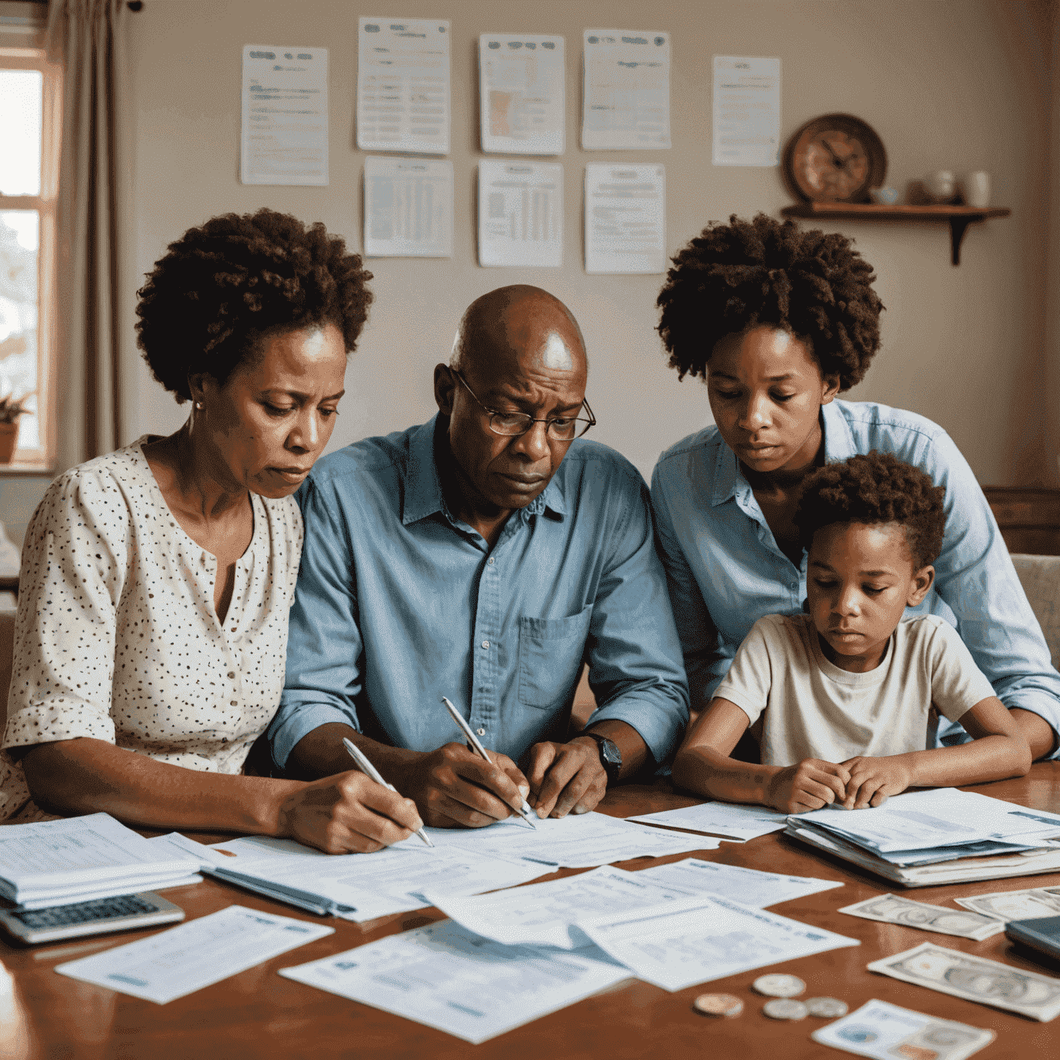 A South African family looking worried while reviewing their budget with rising price tags floating around them, symbolizing inflation