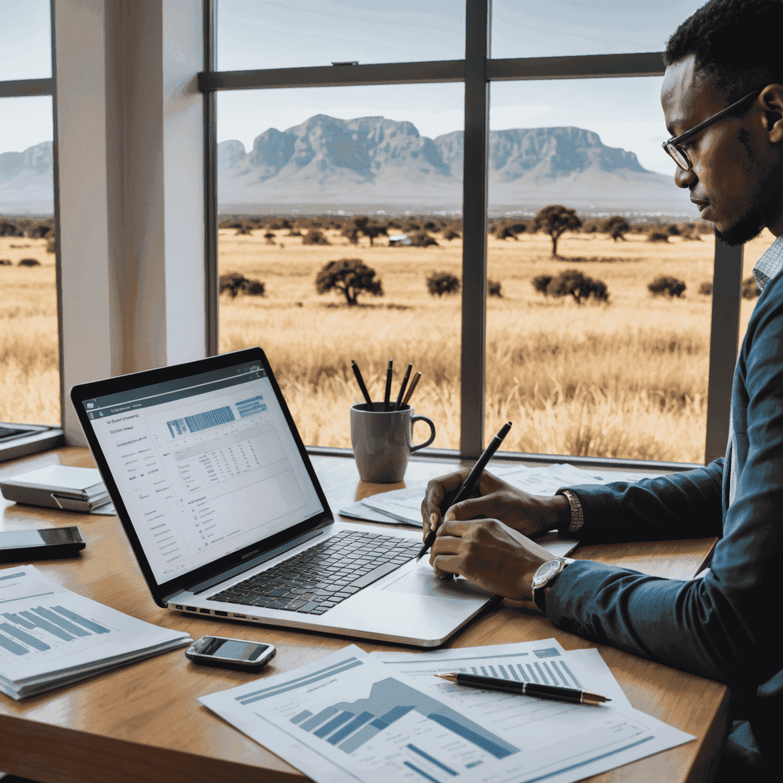 A person sitting at a desk with a laptop, calculator, and financial documents, creating a budget plan. The image shows a mix of modern technology and traditional budgeting methods, with a South African landscape visible through a nearby window.