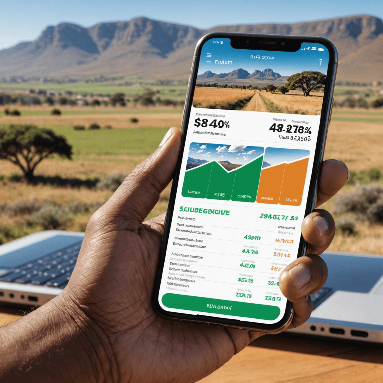 A person using a smartphone app to track expenses, with various expense categories displayed on the screen. The background shows a South African landscape, symbolizing financial growth and stability.