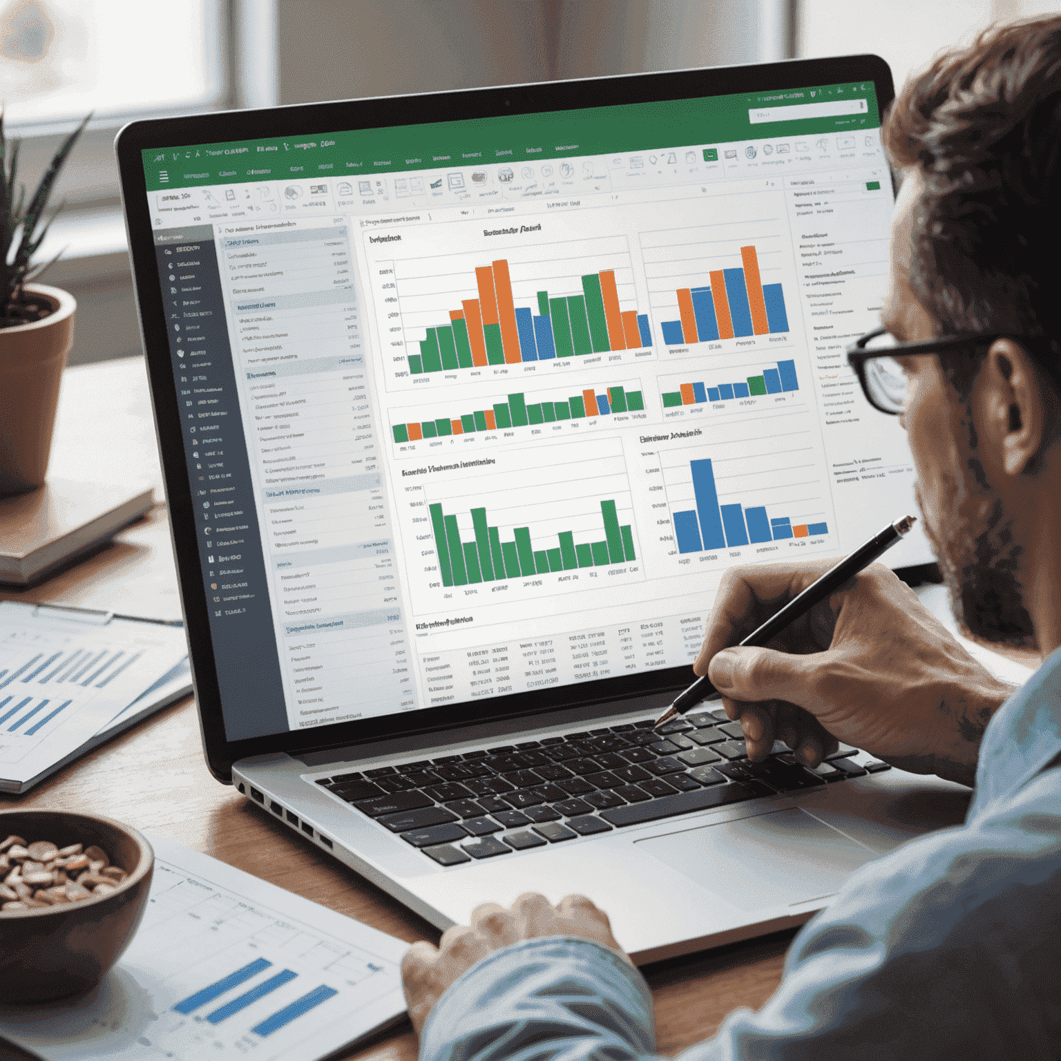 A person analyzing financial charts and graphs on a computer screen, with a budgeting spreadsheet visible. The image should convey a sense of financial planning and income optimization.