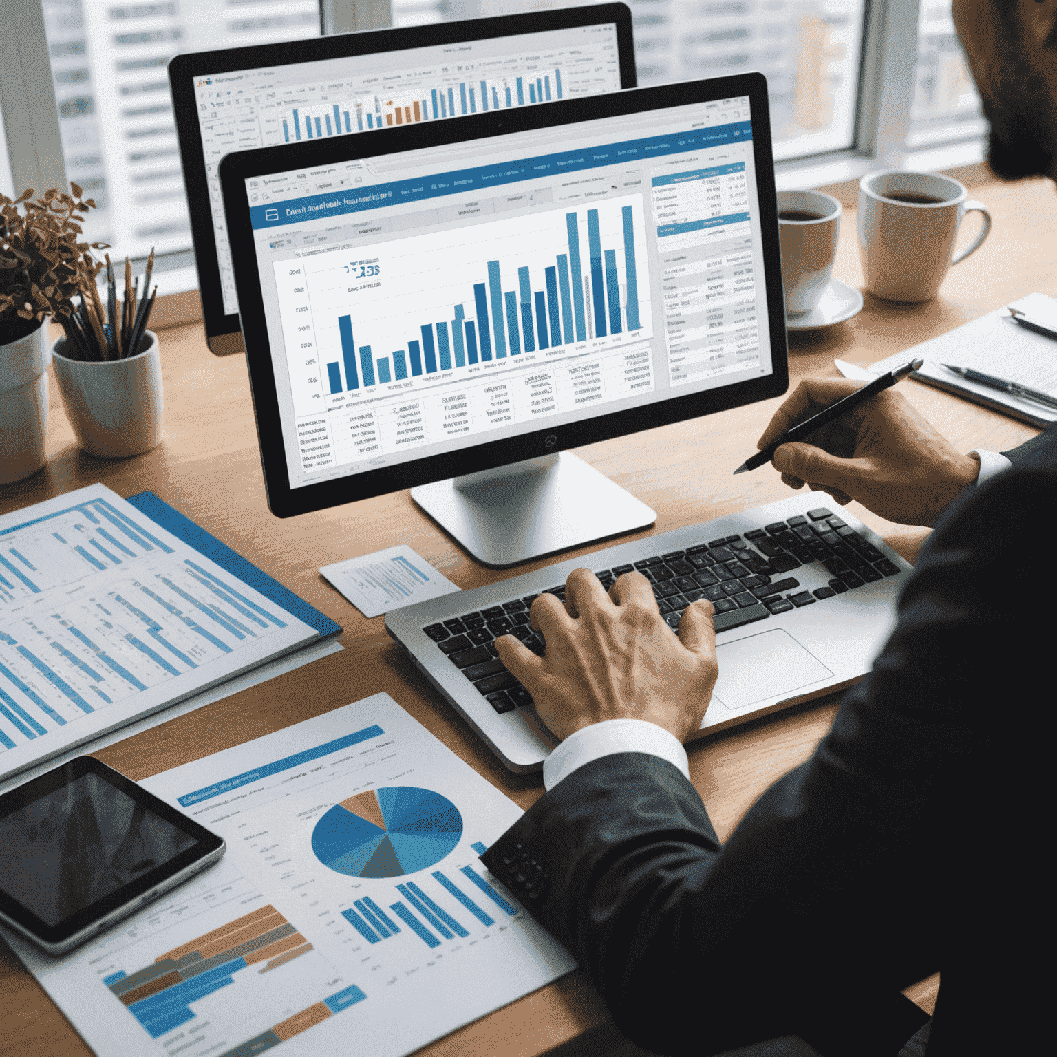 A person analyzing financial charts and graphs on a computer screen, with a budget spreadsheet visible. The image showcases various financial tools and a calculator, symbolizing the process of budget analysis.