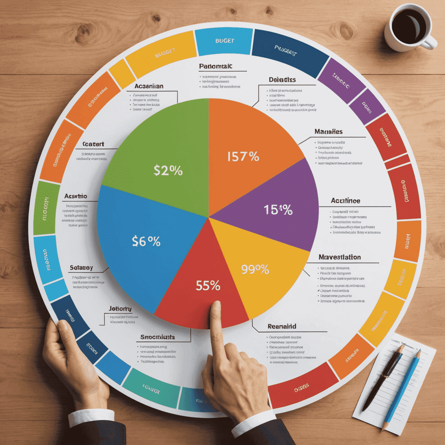 A colorful pie chart showing different budget categories, with a person confidently pointing at it, symbolizing mastery over personal finances