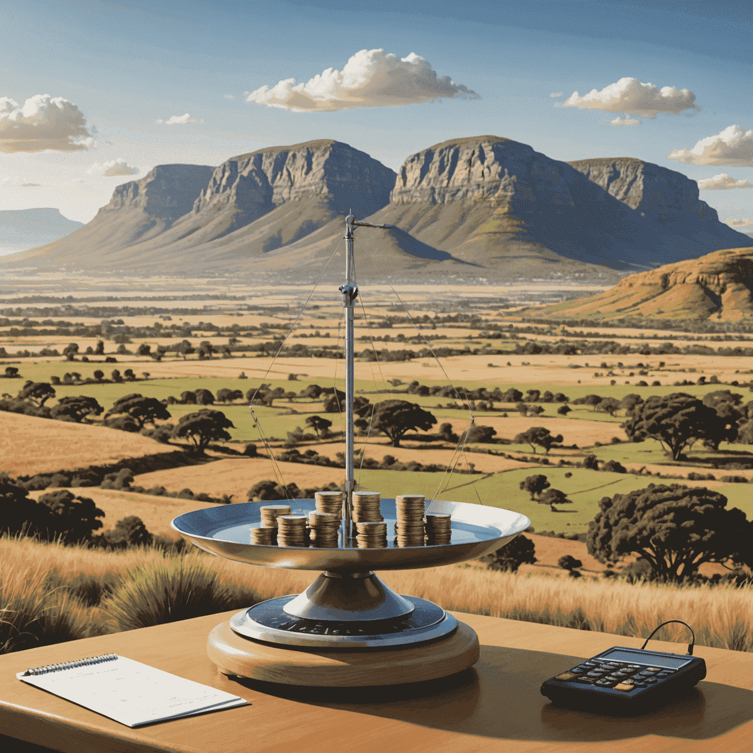 An illustration showing a scale balancing rising inflation on one side and smart budgeting strategies on the other, set against a backdrop of the South African landscape