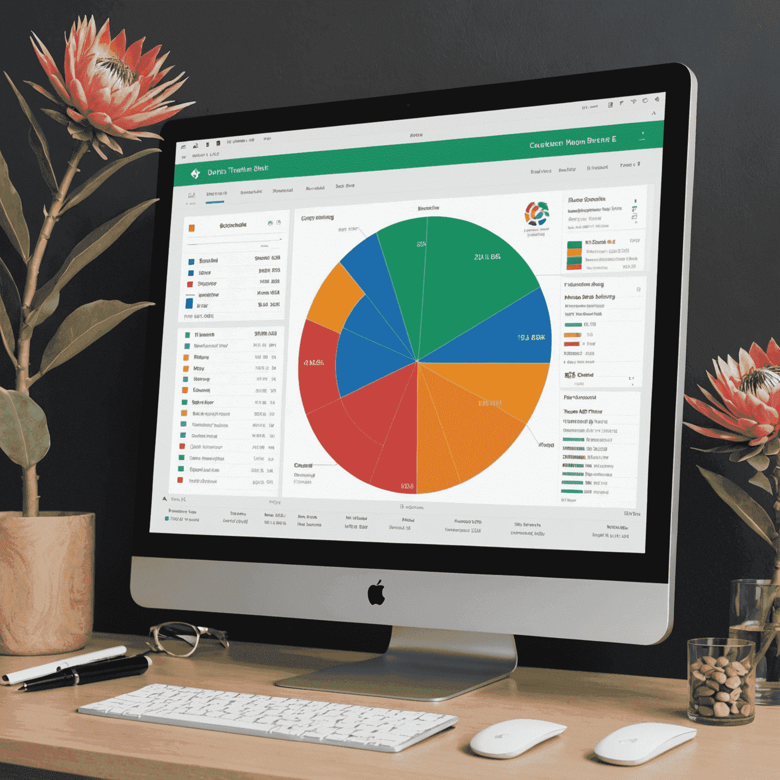 A computer screen displaying a TradingView chart adapted to show personal expense categories over time. The chart uses colors from the South African flag, and a small protea flower icon is visible in the corner of the screen.