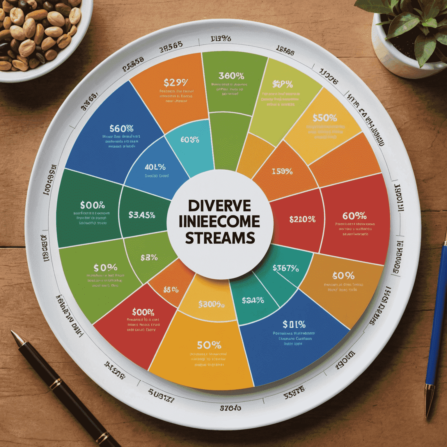 A colorful pie chart showing diverse income streams, including salary, investments, side hustles, and passive income. The chart should be overlaid on a background resembling the South African landscape.