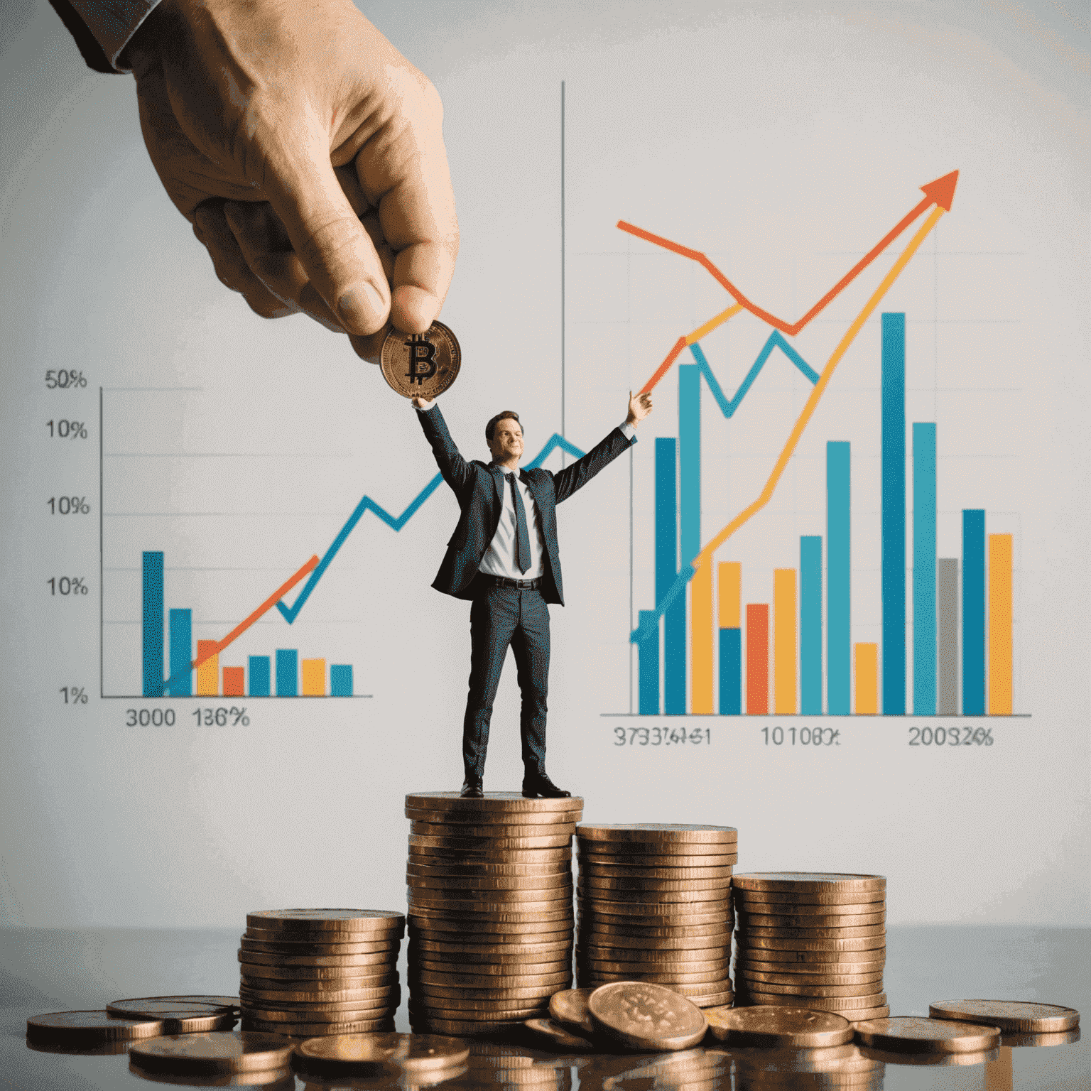 A person standing triumphantly on top of a stack of coins, with a graph showing positive financial growth in the background. The image represents achieving financial milestones through effective budget analysis.